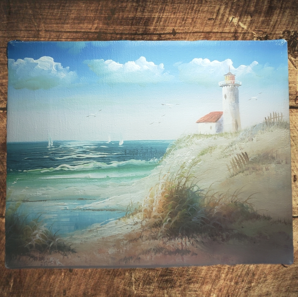 Original Piece Cape Ocean View Lighthouse Seagulls